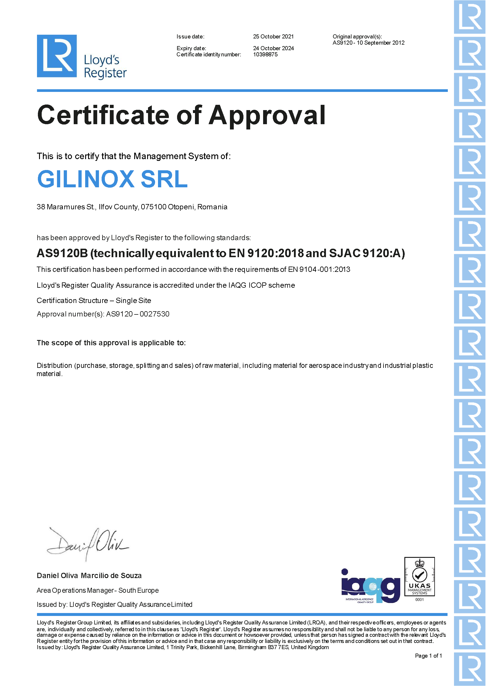 Certificate AS 9120B (technically equivalent to EN 9120:2018 and SJAC 9120:A)